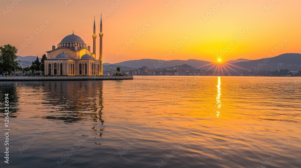 Serene sunset over a lakeside mosque with reflections on water and distant hills in background