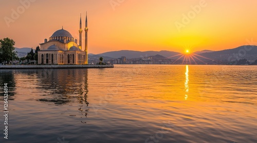 Obraz na płótnie Serene sunset over a lakeside mosque with reflections on water and distant hills in background w salonie