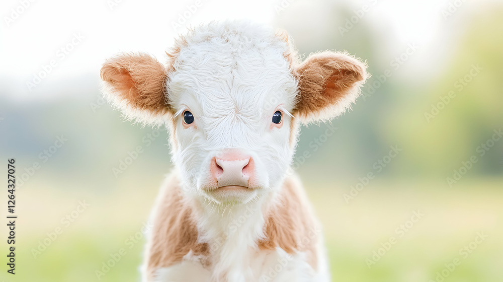 Cute calf, pasture, spring, bokeh background, farm animal Cute calf, pasture, spring, bokeh background, farm animal