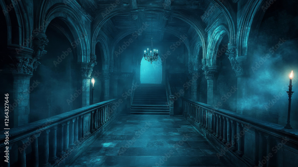 Hall interior with ghost in medieval royal castle at night. Vector cartoon illustration of empty hallway in baroque palace with stairs, balustrade, glowing candles and mystical fog Hall interior with ghost in medieval royal castle at night. Vector cartoon illustration of empty hallway in baroque palace with stairs, balustrade, glowing candles and mystical fog