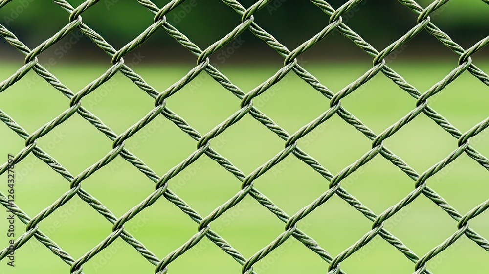 Fototapeta premium Green Wire Mesh Fence Against Blurred Green Background