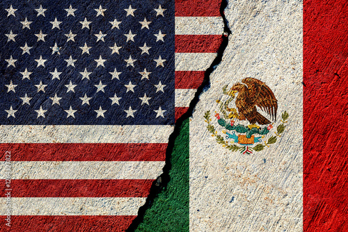 usa and mexico flags painted on concrete wall