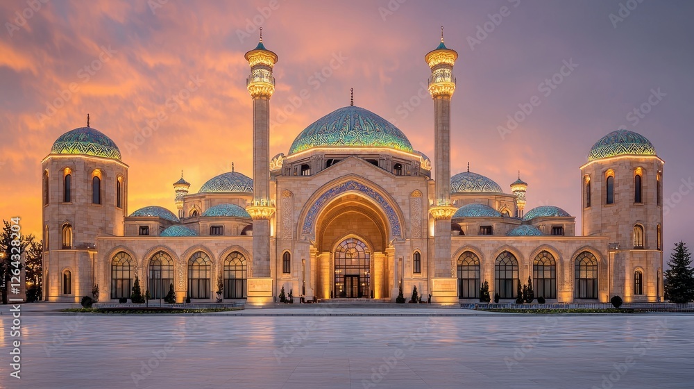 Majestic architectural masterpiece at sunset, showcasing intricate domes and vibrant sky hues