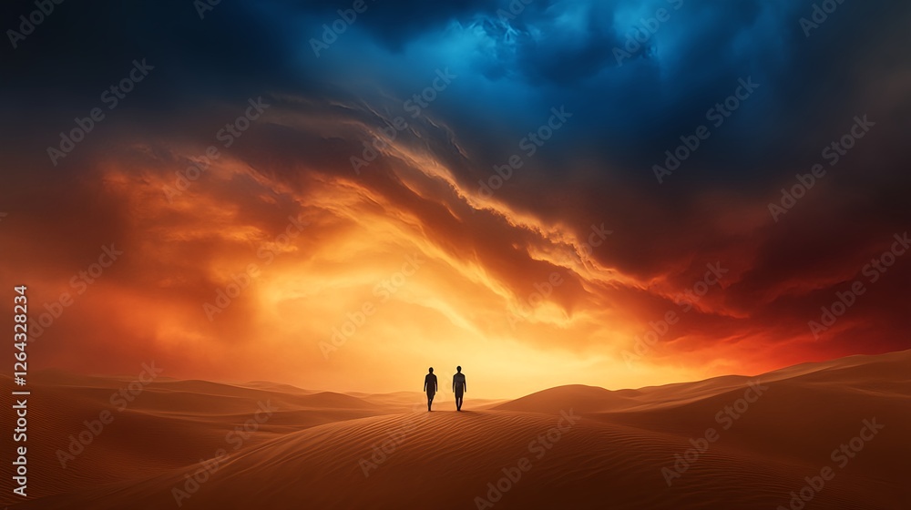 Two figures walk towards a fiery sunset, a dramatic desert sky above. Two figures walk towards a fiery sunset, a dramatic desert sky above.