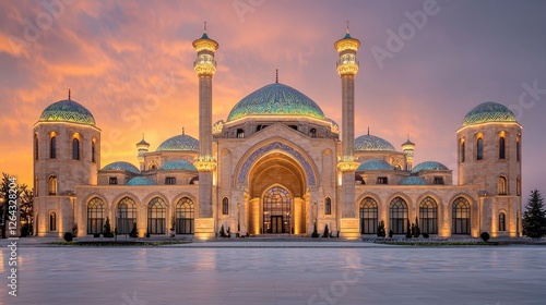 Obraz na płótnie Majestic architectural masterpiece at sunset, showcasing intricate domes and vibrant sky hues w salonie