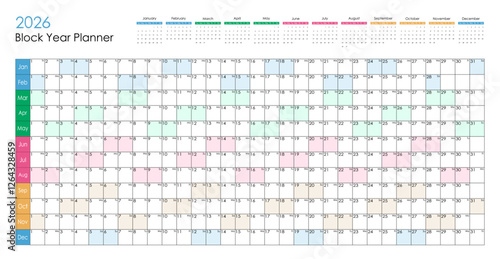 2026 colorful block year planner. Vector design.