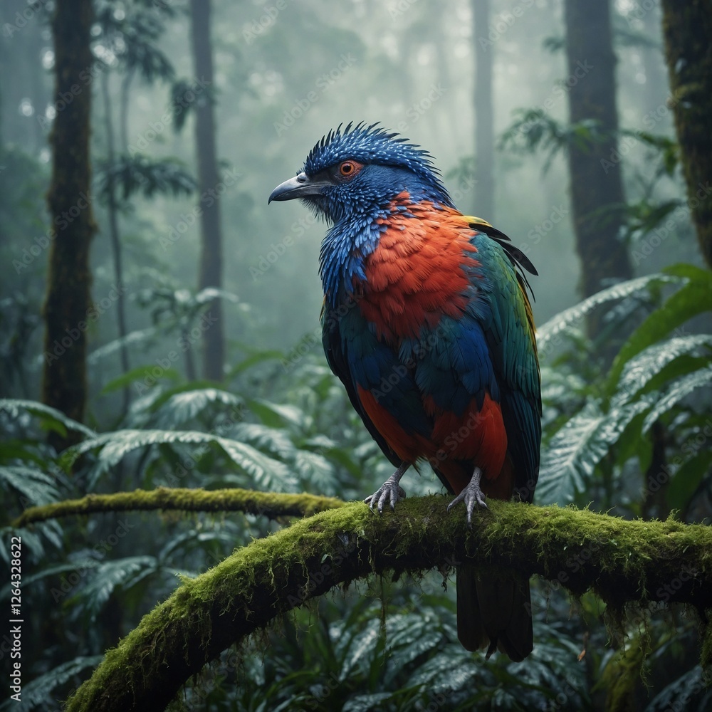 Obraz premium A rare, exotic bird with dazzling plumage in a misty rainforest.