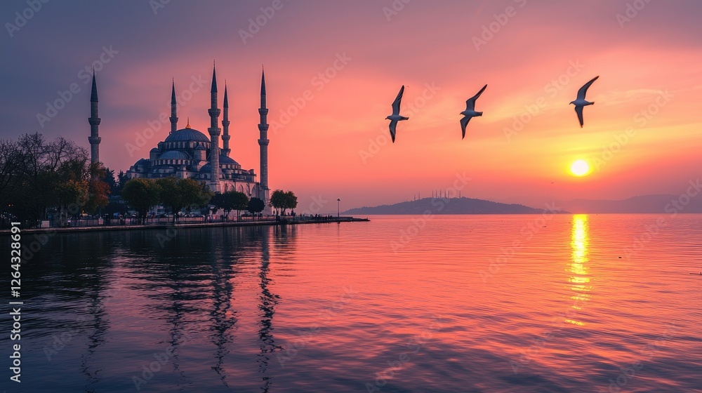 Serene sunset over a tranquil lake with a majestic mosque silhouette and flying birds