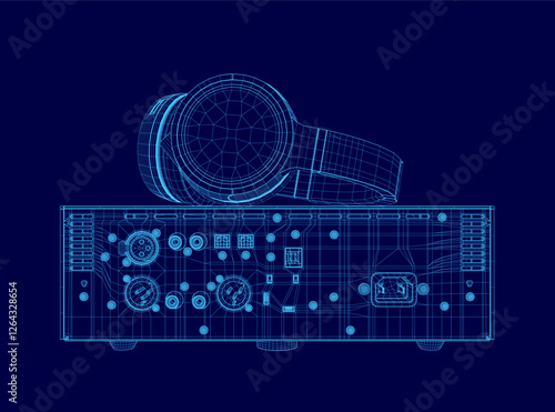 A blue drawing of a speaker and headphones. The headphones and the speaker