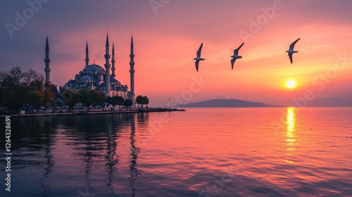 Serene sunset over a tranquil lake with a majestic mosque silhouette and flying birds