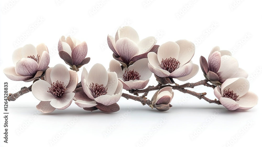 Delicate magnolia flowers arranged elegantly on a white background, showcasing their beauty