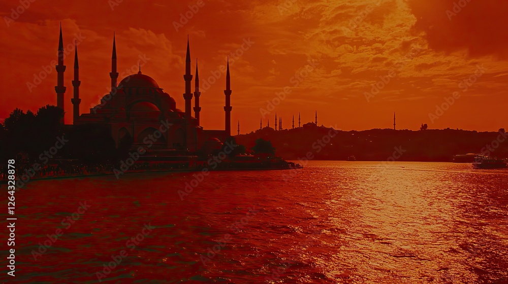 Silhouette of a grand mosque against a vibrant sunset over a tranquil river landscape