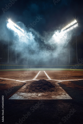 A wide-angle view of an empty baseball stadium at night, illuminated by bright lights. The background is dark and moody with subtle smoke effects