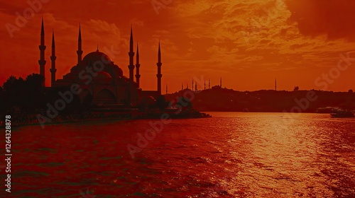 Obraz na płótnie Silhouette of a grand mosque against a vibrant sunset over a tranquil river landscape w salonie