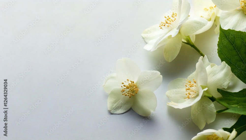Jasmine flowers on white surface create serene beauty concept with ample copy space. delicate petals and green leaves evoke sense of tranquility and freshness Jasmine flowers on white surface create serene beauty concept with ample copy space. delicate petals and green leaves evoke sense of tranquility and freshness