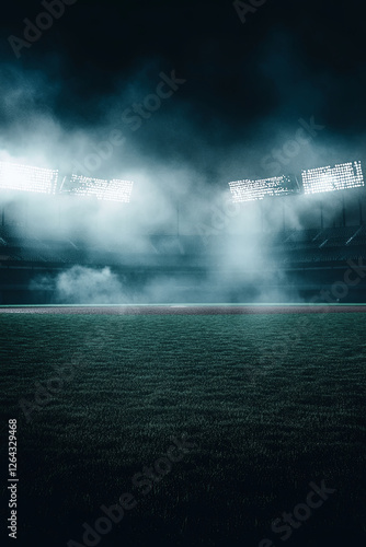 A scene of darkness and smoke in the background of an empty baseball stadium with lights on. The scene is set at night, creating a dramatic atmosphere.