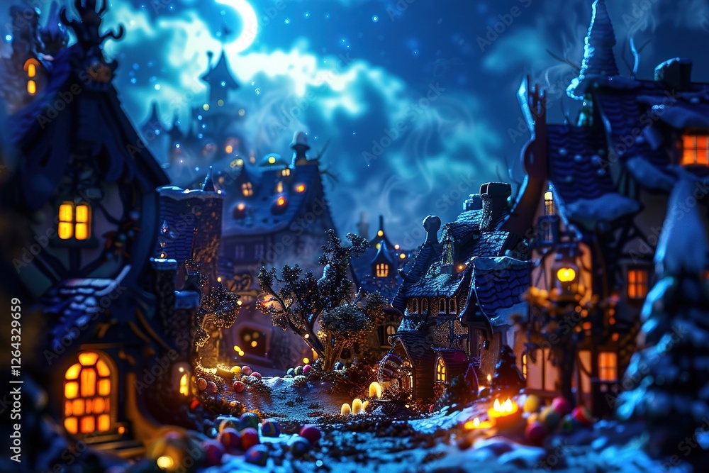 Obraz premium Enchanting nighttime view of a whimsical illuminated village under a starry sky