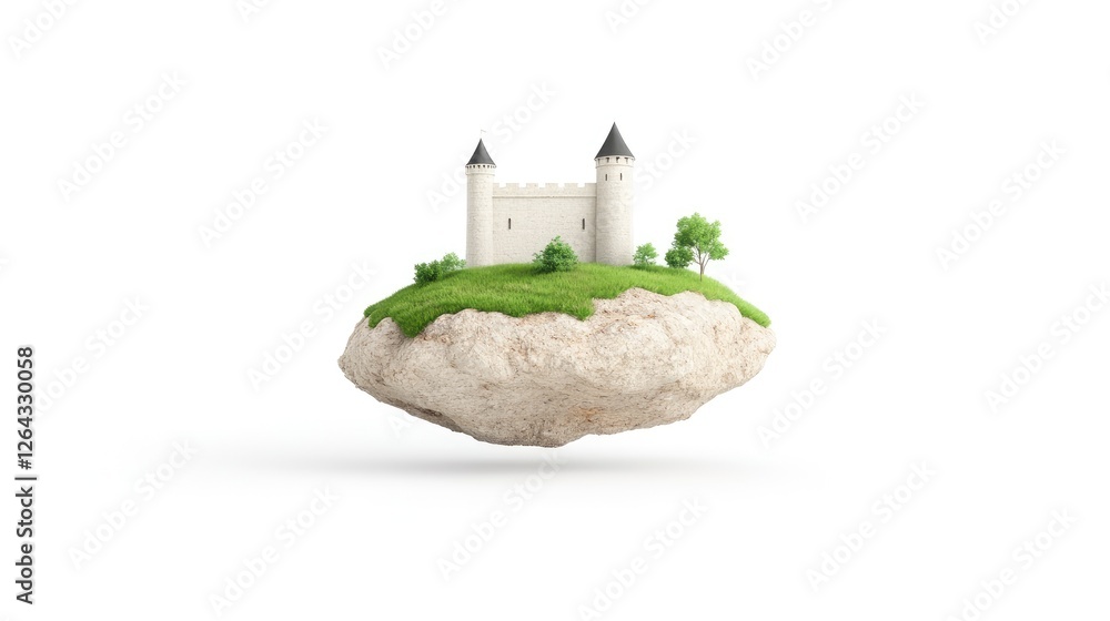 Floating miniature castle on a grassy island against a white background, symbolizing fantasy