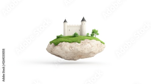Obraz na płótnie Floating miniature castle on a grassy island against a white background, symbolizing fantasy w salonie