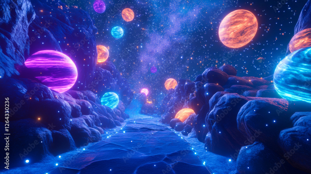 Obraz premium Blue outer space background with stars and nebula, neon glowing planets with orbit and falling asteroids. Cartoon vector illustration of cosmos bg with celestial bodies. Fantasy astronomy backdrop.