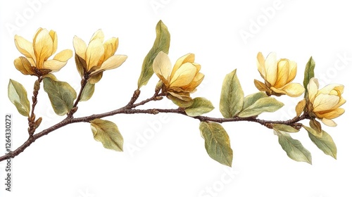 Obraz na płótnie Elegant yellow magnolia flowers on a branch with green leaves against a white background w salonie