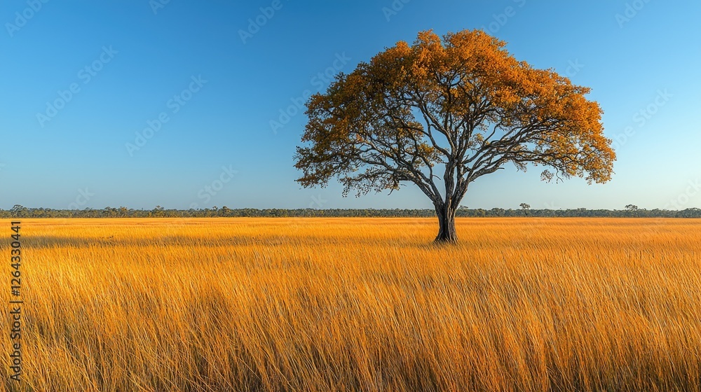 Majestic solitary tree in golden grassland under clear blue sky during sunset, serene landscape Majestic solitary tree in golden grassland under clear blue sky during sunset, serene landscape
