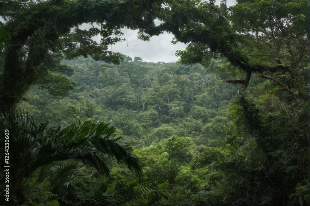 Obraz premium Dense jungle scene with twisted tree in foreground, creating a lush canopy of greenery. Peaceful and serene atmosphere.