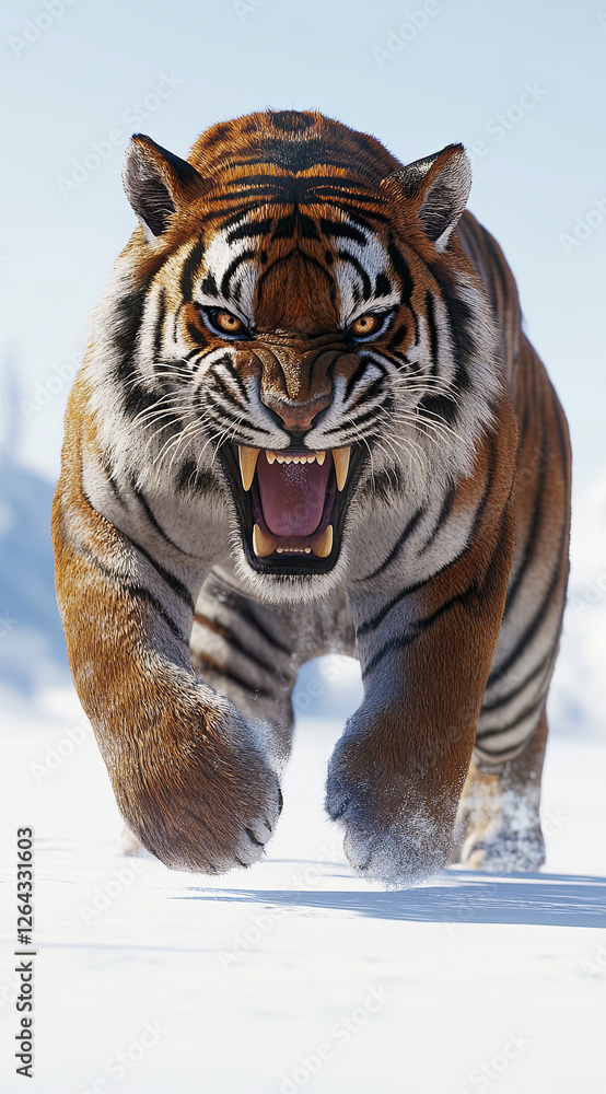 Obraz premium A full-body shot of a snarling tiger, created using Unreal Engine, set against a white background.