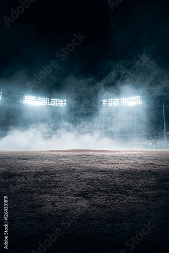 A dramatic baseball stadium at night, illuminated by bright lights and swirling smoke in the air. 