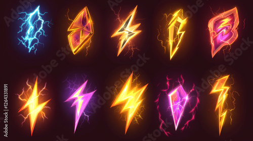 Lightning bolt of different shape on transparent background. Cartoon 3d vector illustration set of thunder flash or electric energy power sign. thunderbolt for warning, fast and discount concept.