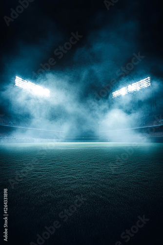A dramatic baseball stadium at night, illuminated by bright lights and swirling smoke in the air. The field is empty with no players or fans visible,Dramatic Stadium Under the Lights
