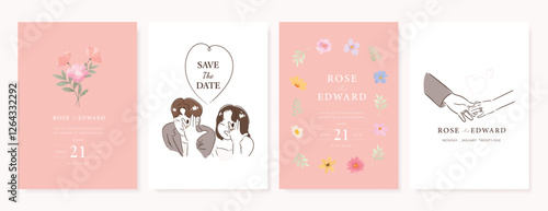 Elegant wedding invitation card background vector. Minimal hand drawn bride and groom in watercolor botanical flowers texture. Design for wedding, vip cover template, rsvp modern card, poster.