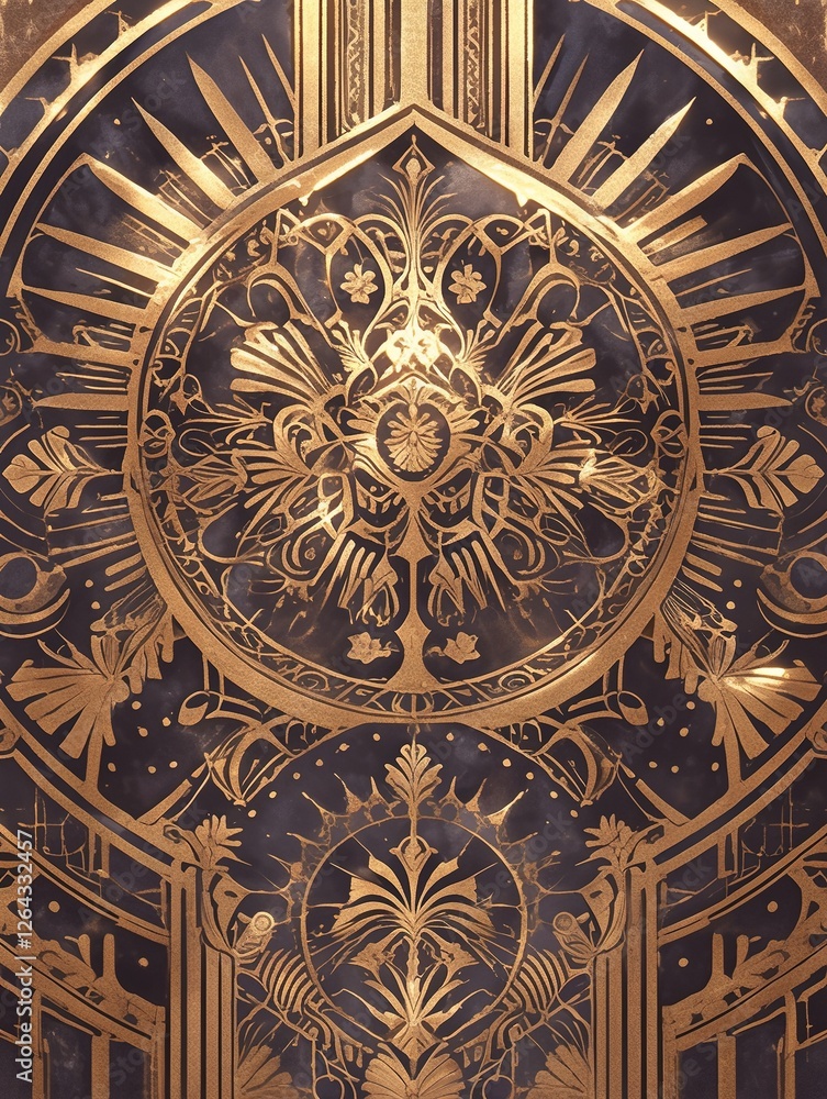 Obraz premium Ornate gold circular design on dark background, smoky texture, possible wall decor