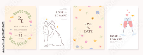 Elegant wedding invitation card background vector. Minimal hand drawn bride and groom in watercolor botanical flowers texture. Design for wedding, vip cover template, rsvp modern card, poster.