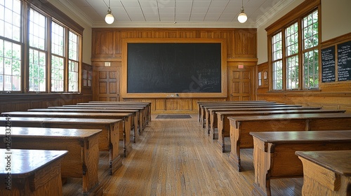 Wallpaper Mural Vintage classroom interior with wooden desks and chalkboard, showcasing a serene learning environment Torontodigital.ca