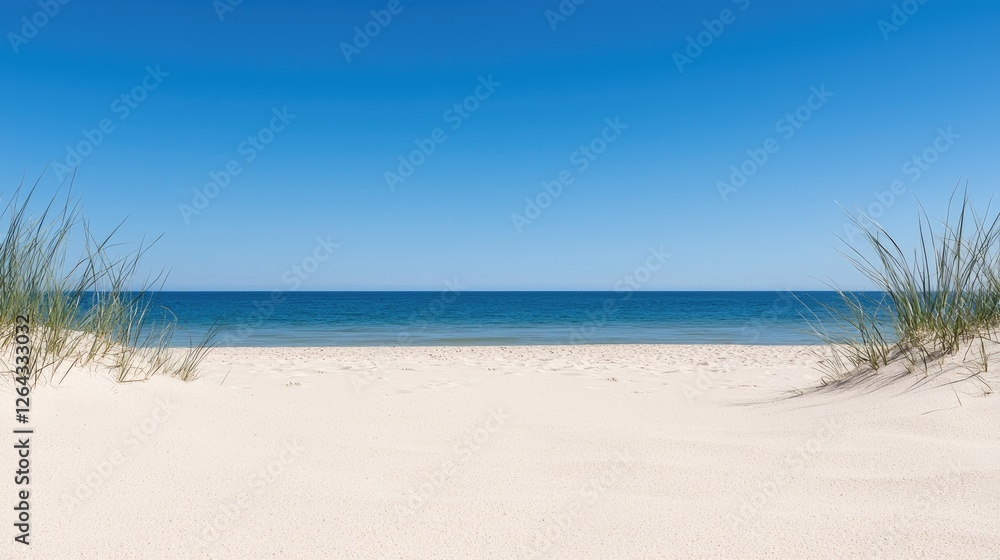 Sandy beach meets clear ocean under vibrant sky, perfect for relaxation or travel brochure Sandy beach meets clear ocean under vibrant sky, perfect for relaxation or travel brochure