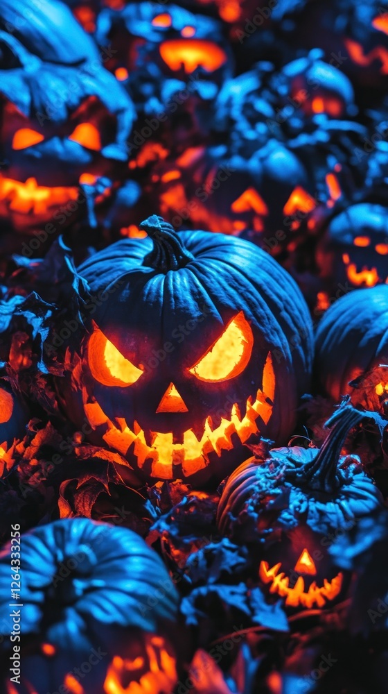 A collection of glowing jack-o'-lanterns in dark blue light, evoking Halloween spirit. A collection of glowing jack-o'-lanterns in dark blue light, evoking Halloween spirit.