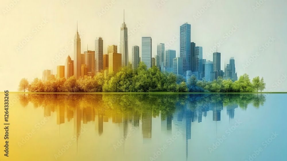 Fototapeta premium Vibrant Cityscape Reflection on Water Surrounded by Lush Greenery with Gradient Sky High-Rise Buildings and Natural Elements Merging Beautifully in a Serene Landscape