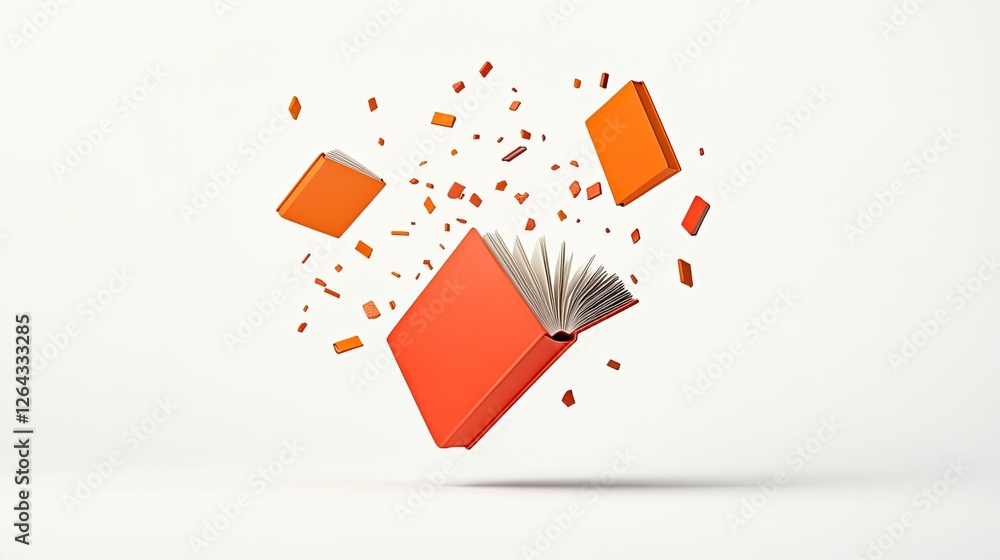Floating orange books with scattered pages creating a dynamic visual effect in a minimalist setting