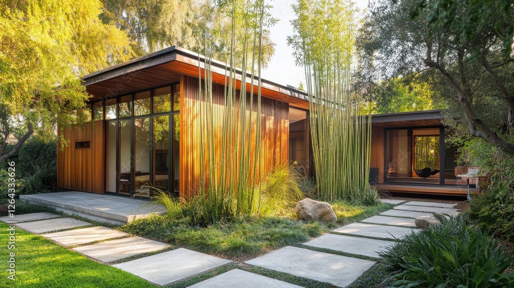 Modern wooden houses surrounded by bamboo and a lush garden Modern wooden houses surrounded by bamboo and a lush garden