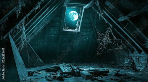 Old attic in abandoned house at night. Vector cartoon interior of garret room with broken roof, wall and beams, clutter and spiderweb. Empty messy mansard with hatch in floor and moonlight from window