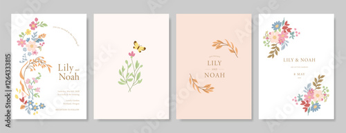Elegant wedding invitation card background vector. Minimal hand draw botanical flowers and butterfly template background. Design illustration for wedding, vip cover, poster, rsvp modern card.