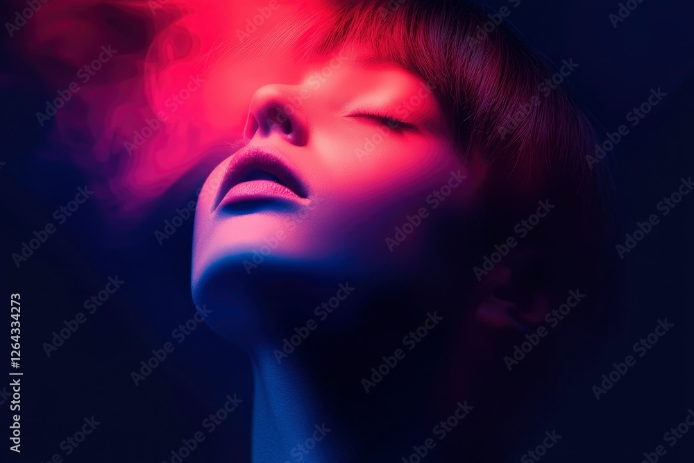 Woman with closed eyes is illuminated by red & blue light on a dark background Woman with closed eyes is illuminated by red & blue light on a dark background