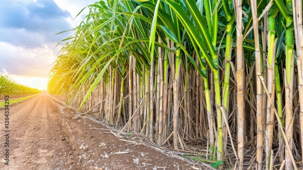 Obraz premium Closeup of Sugarcane Plants in Vibrant Green Fields Agricultural Landscape High-Quality Photography
