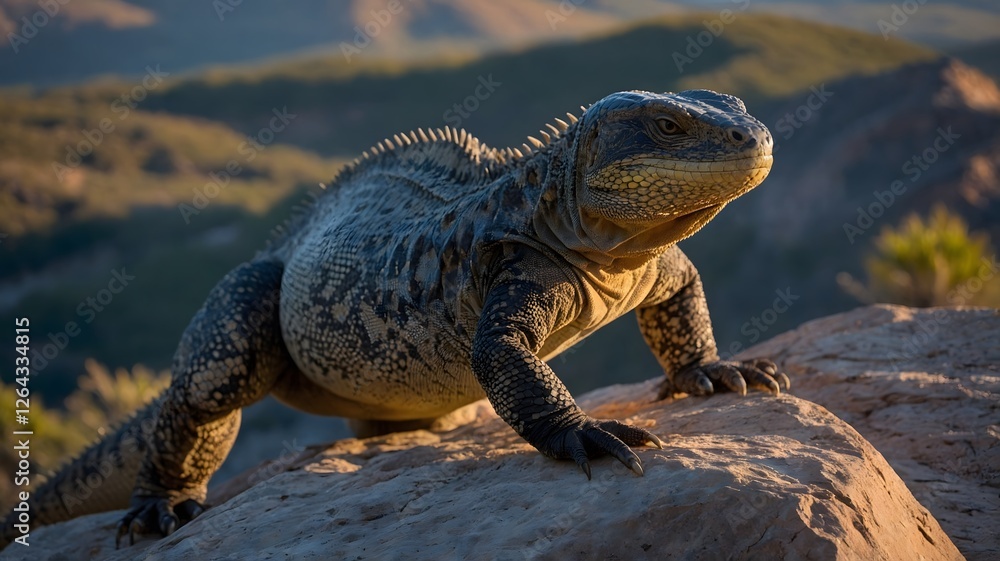 Fototapeta premium Large Monitor Lizard in Dramatic Pose Climbing a Rocky Cliff in Early Morning Light