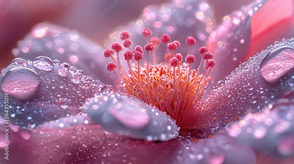 Close-up of a delicate pink flower with dew drops, showcasing intricate details and vibrant colors Close-up of a delicate pink flower with dew drops, showcasing intricate details and vibrant colors