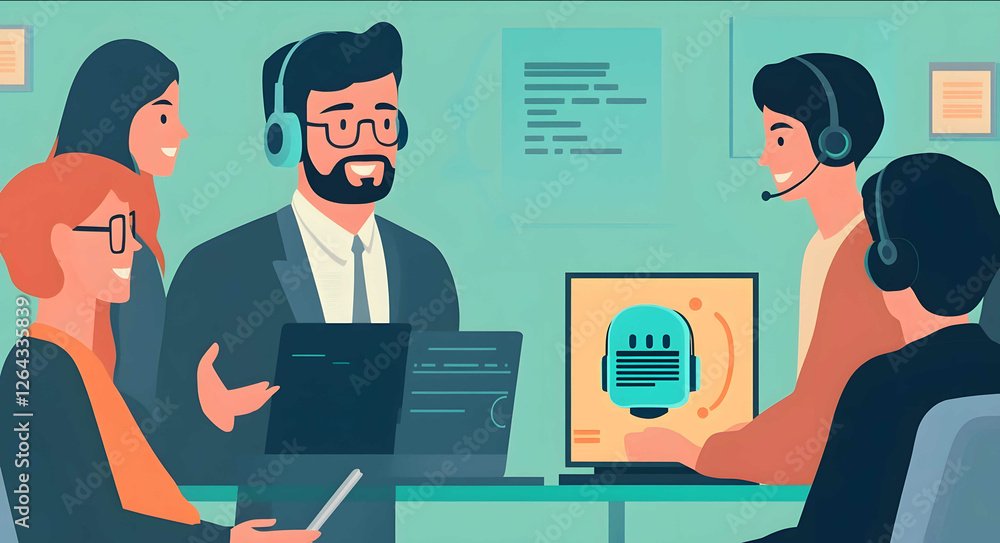Generate a realistic image of a Contact center manager explaining the difference between a voicebot and an IVR to its agents Generate a realistic image of a Contact center manager explaining the difference between a voicebot and an IVR to its agents
