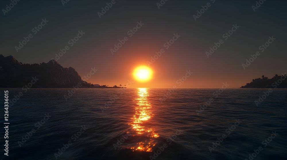Orange And Red Sunset Over Dark Ocean Water