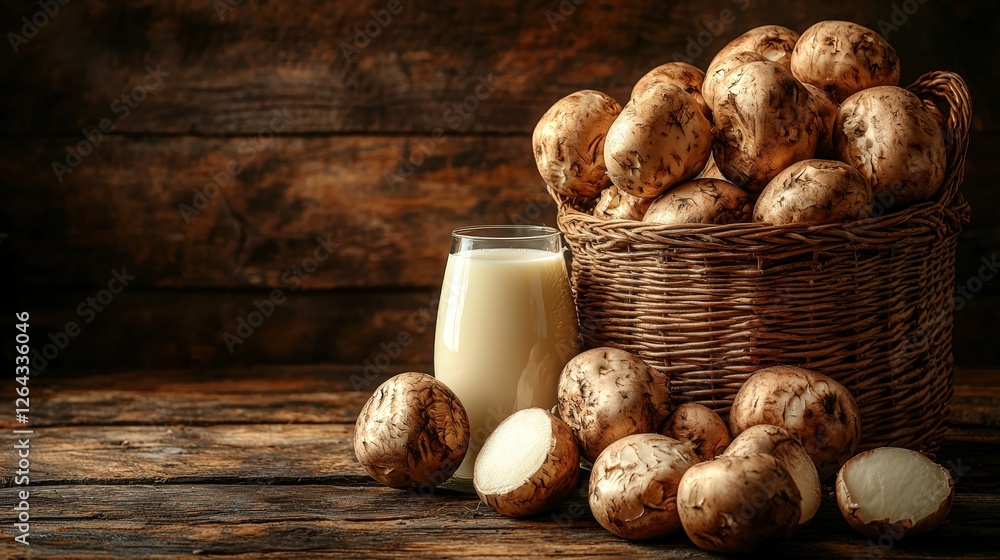 Freshly harvested mushrooms in a rustic basket next to a jar of creamy milk on a wooden table Freshly harvested mushrooms in a rustic basket next to a jar of creamy milk on a wooden table