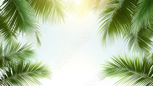 Tropical frame with green palm leaves. Tropical plant branches isolated on transparent background. Summer banner template with border of coconut palm foliage, vector realistic illustration